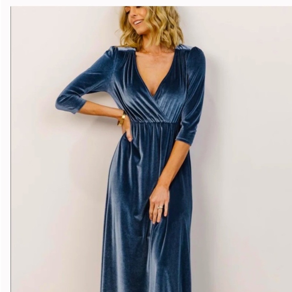 Baltic Born Sofia Velvet Maxi Dress Dusty Blue 3/4 Sleeve V-Neck Size S NWT
